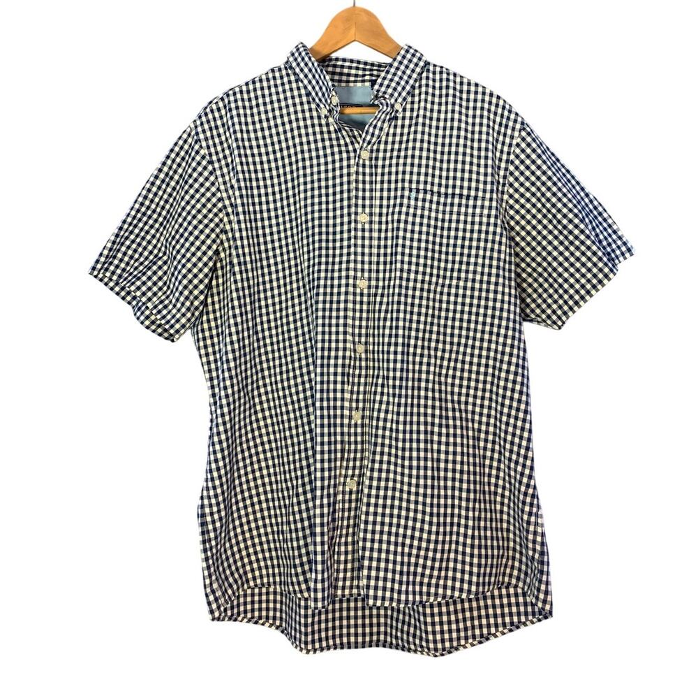 IZOD Blue and White Gingham Checked Short Sleeve Button Down Shirt, Men’s XL